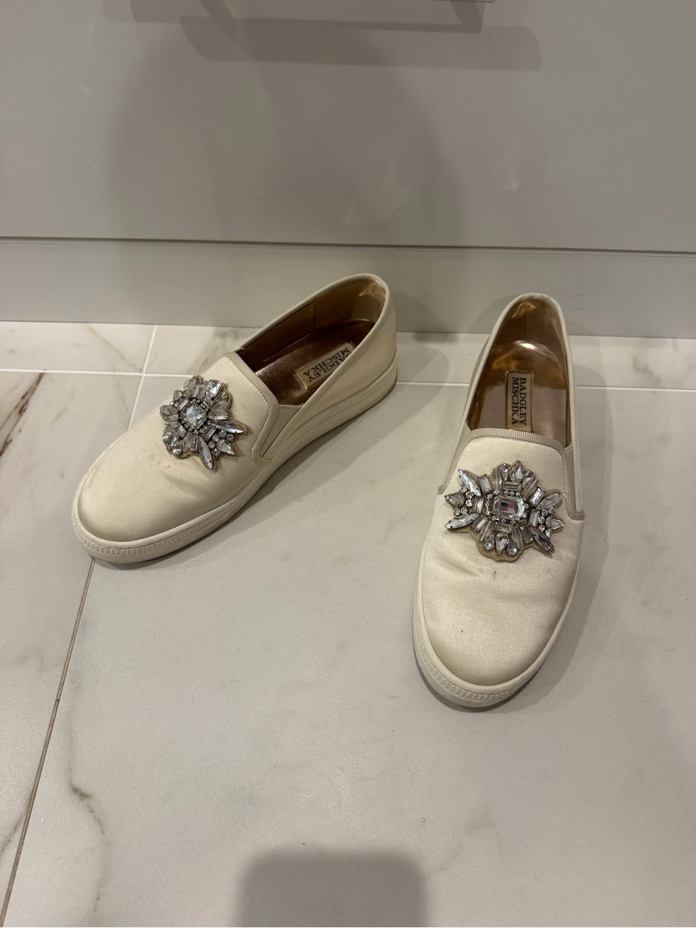 Badgley Mischka Ivory Crystal-Embellished Slip-On Mules